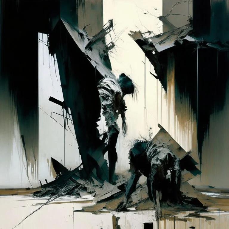 A dark abstract minimalist painting of Lebbeus Woods brutalist concrete twisted bodies. Breaking apart. In a desolate landscape at. In the style of by Ashley Wood and Justin Mortimer. Large oil brushstrokes