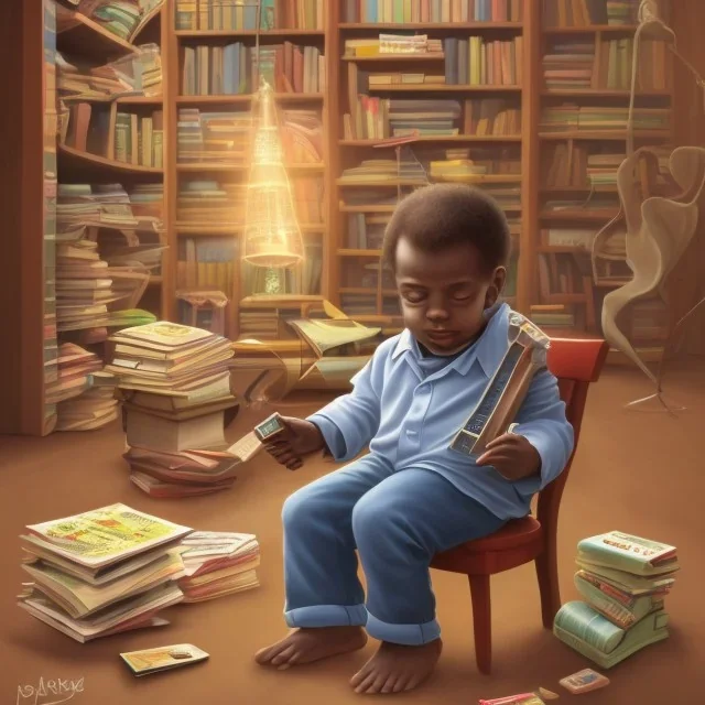 African American baby boy inventor with books