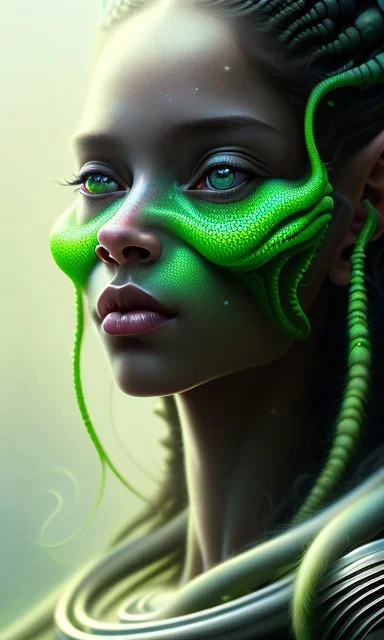 young girl, cute, beautiful, long curly hair, black hair, green alien skin, big flat nose, black eyes, big eyes, turquoise dress, head and shoulders portrait, 8k resolution concept art portrait by Greg Rutkowski, Artgerm, WLOP, Alphonse Mucha dynamic lighting hyperdetailed intricately detailed, avatar pandora