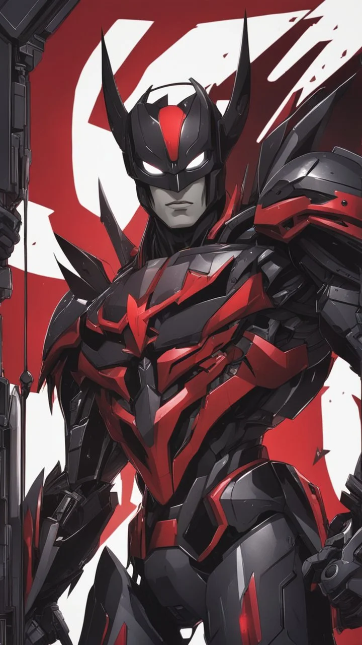 A close picture to Mix between symbiote and machine and batman in transformers cyborg with black metal and red details armor in solo leveling shadow art style with red details detailsis in fantasy world