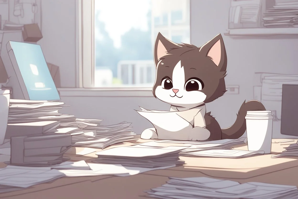 Cute fluffy chibi pixar brunette kitten working very hard at a desk, surrounded by lots of paper, computers and paper boxes, in the sunlight.