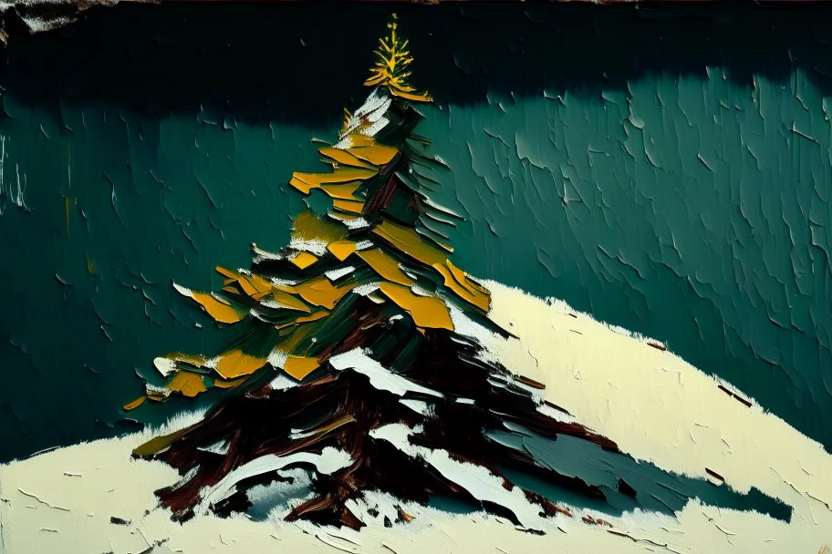 Christmas tree on a snow covered mountainside in the style of Frank Auerbach