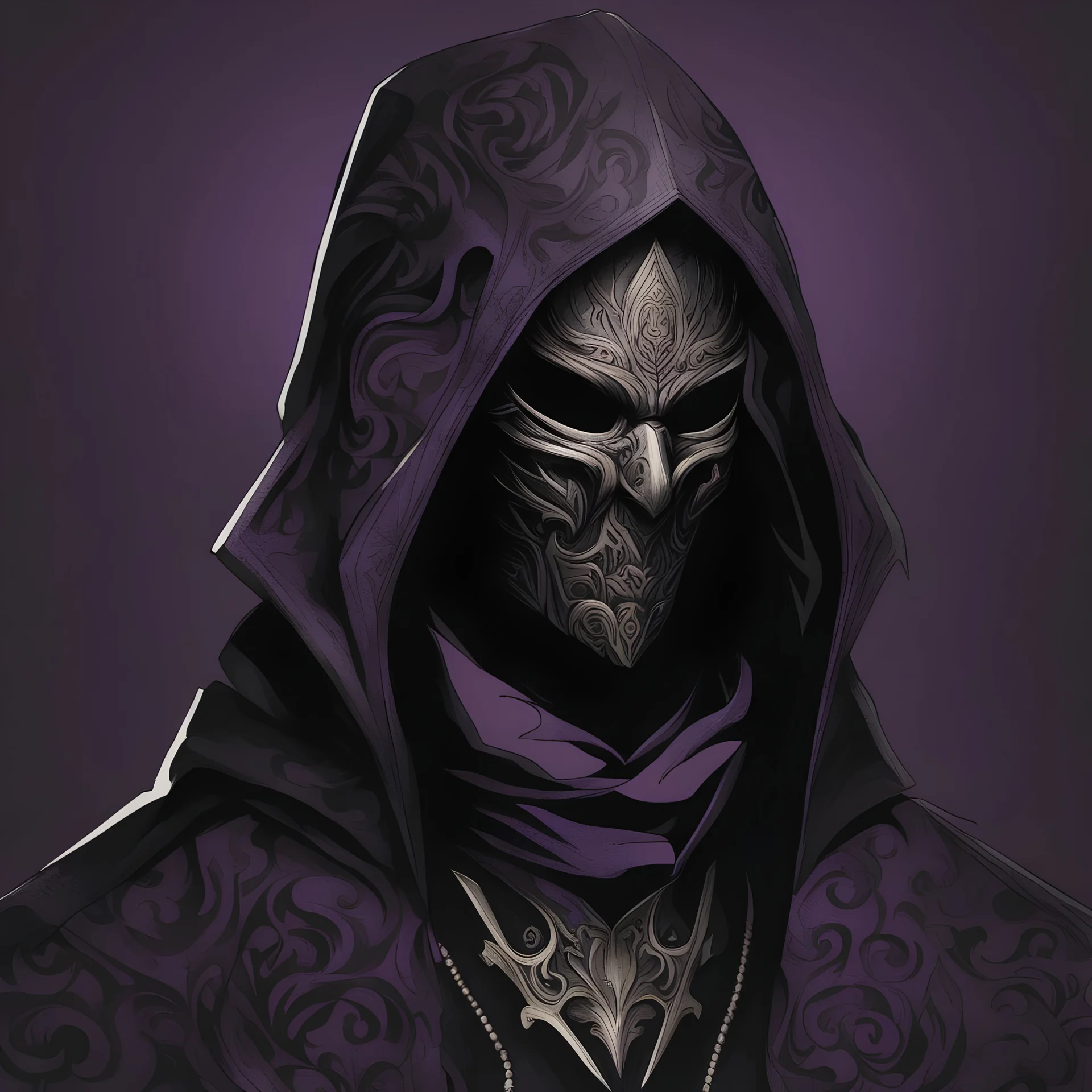 warlock, black mask with ash purple patterns, black robe with ash purple patterns, dark, ominous, ash purple, grey background