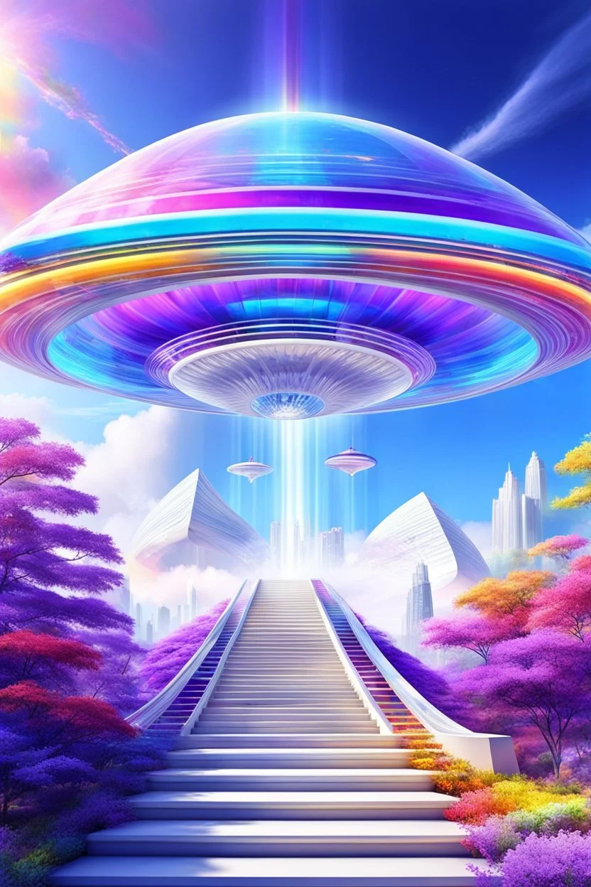 Ufos rainbow, futuriste ultra moderne,stairway to heaven,crystal very beautiful city,nature forest flowers colors