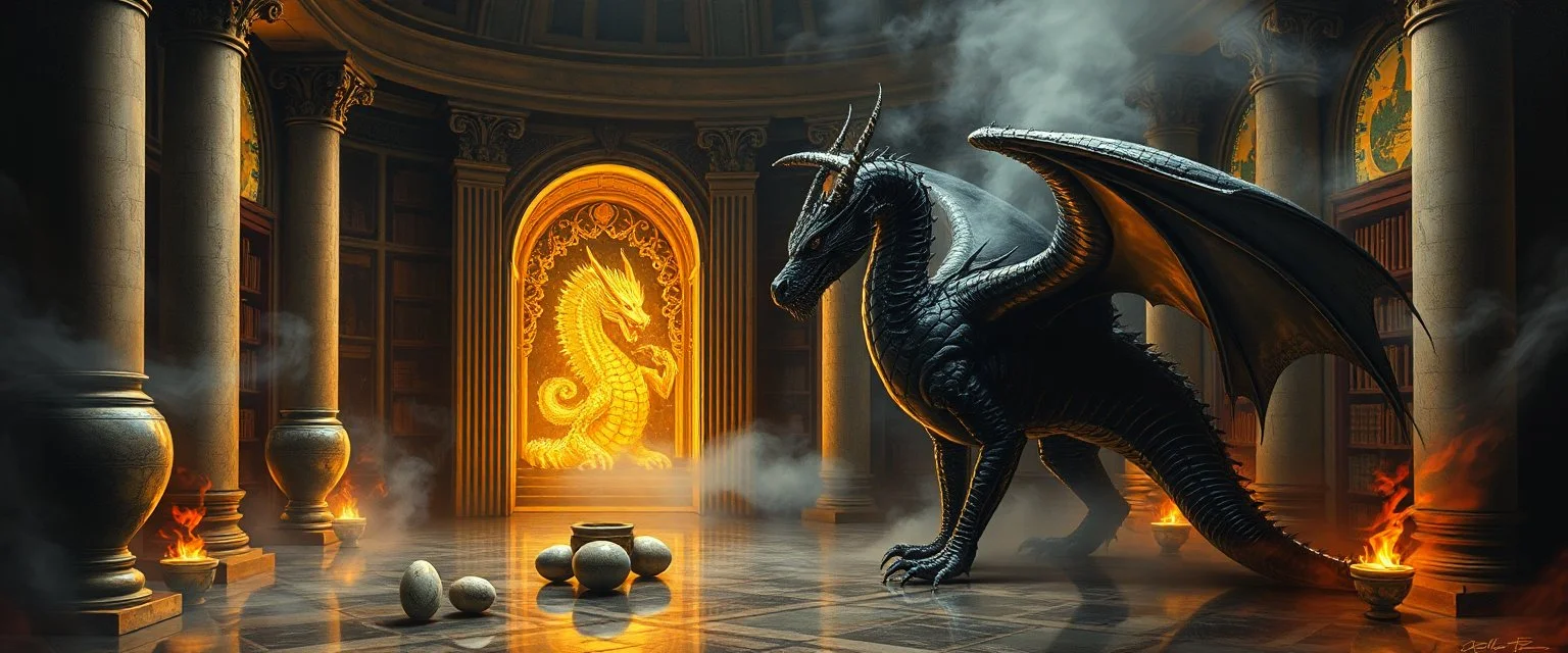 master oil painting by Escher and Giger, glaring vases and black humanoid reflective female dragon and hidden golden dragon inside marble hall library, cryptic eggs, sacred geometry, fire fog and steam border