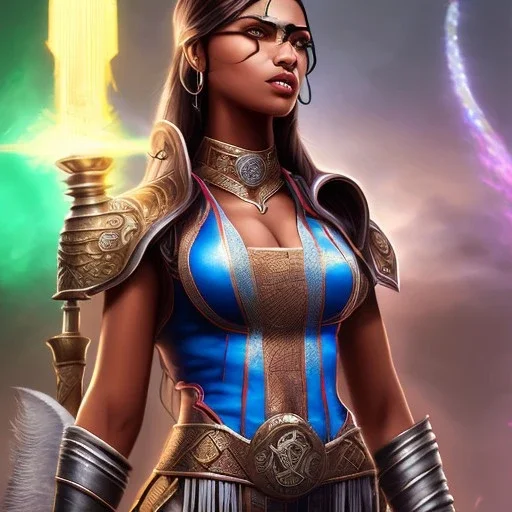 Full body, fantasy setting, heroic fantasy, woman, dark skin, Indian, 20 years old, half-hawk haircut, magician, warrior, hourglass body shape, bicolor hair, muscular, cinematic, Arabian clothes, insanely detailed