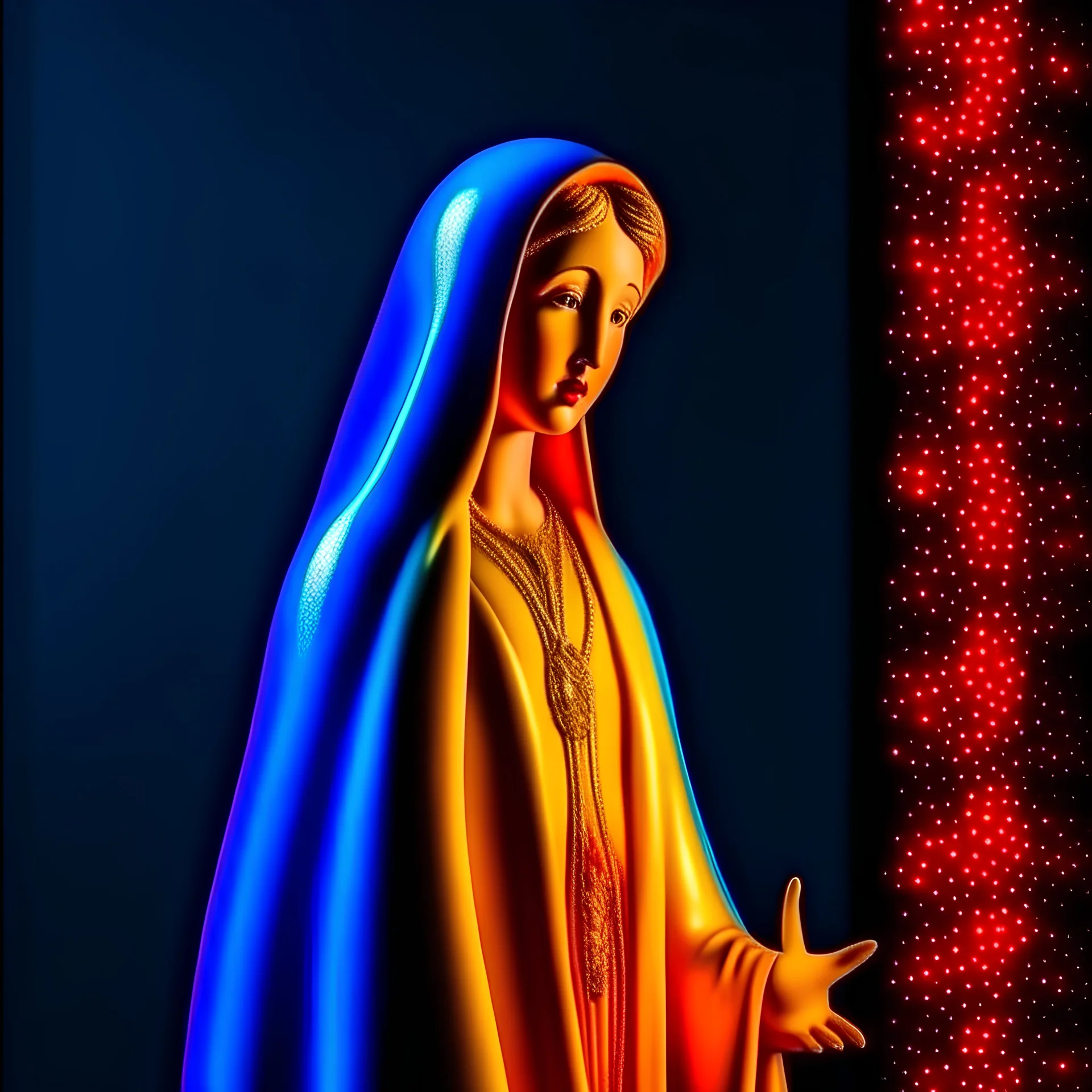 Old Multicolor virgin mary hanging on a blue wall, lights