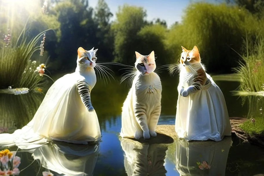 Cats in wedding dress next to a pond in sunshine