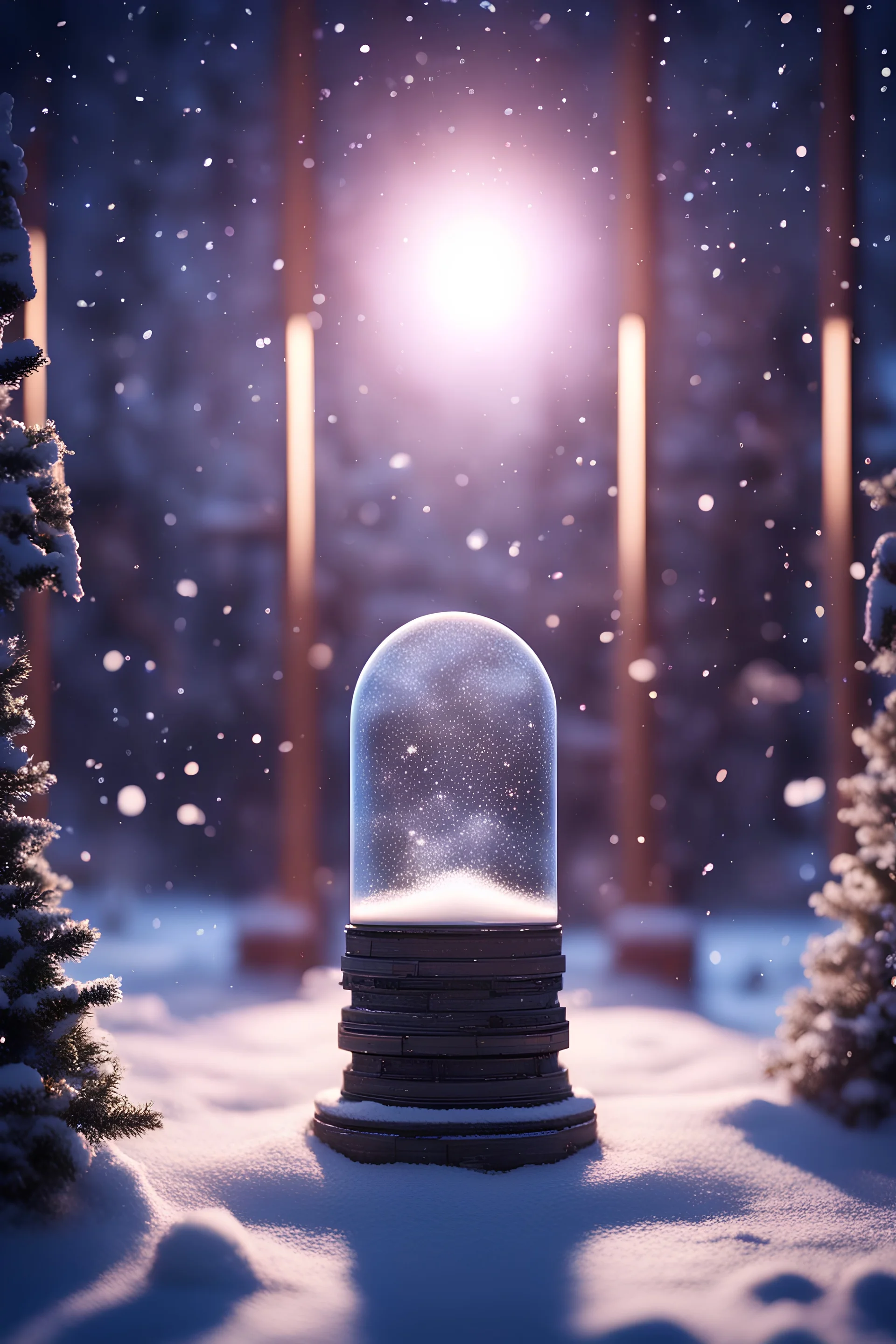 , snowfall in the background, bright night, in front of space portal dimensional glittering device, bokeh like f/0.8, tilt-shift lens 8k, high detail, smooth render, down-light, unreal engine, prize winning