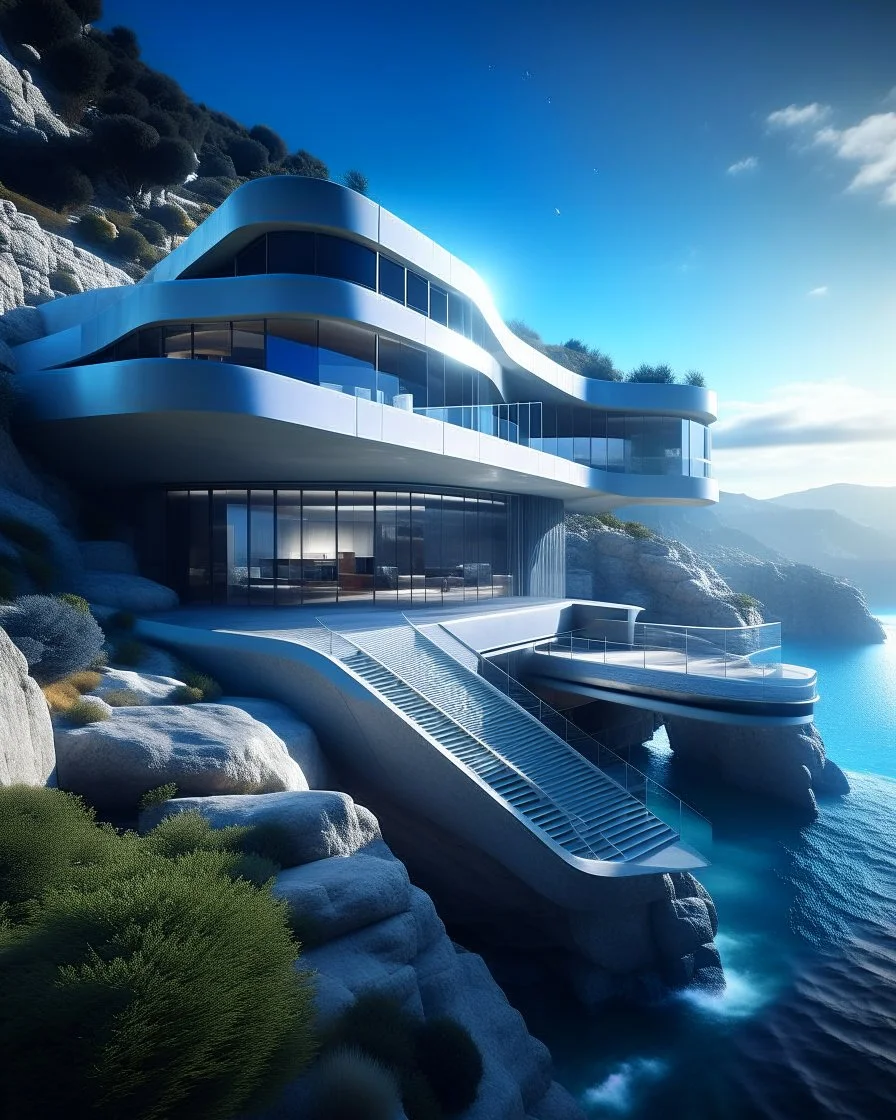 Country house on the cliff overlooking the sea architecture Zaha Hadid style incredibly detailed 8k digital art