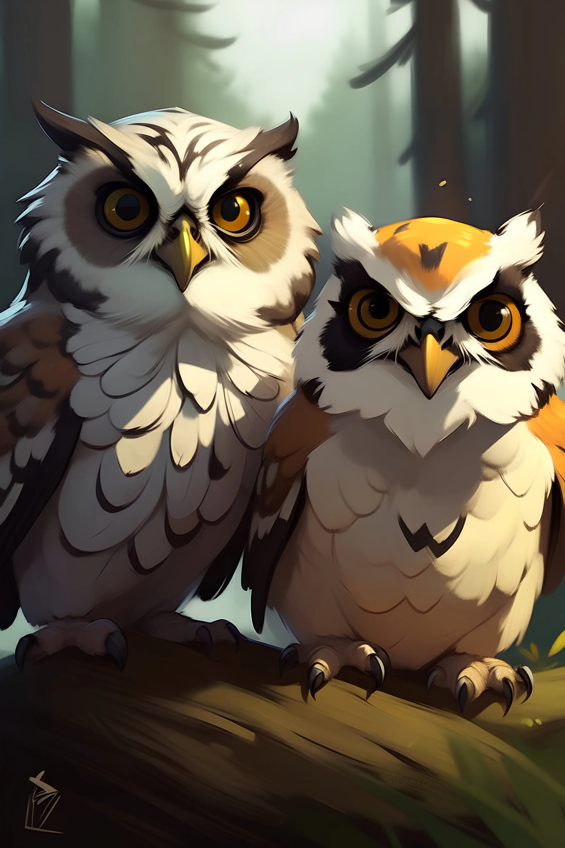 2 Sleepy spectacled owls. Draw it all in the style of Horizon Zero Dawn