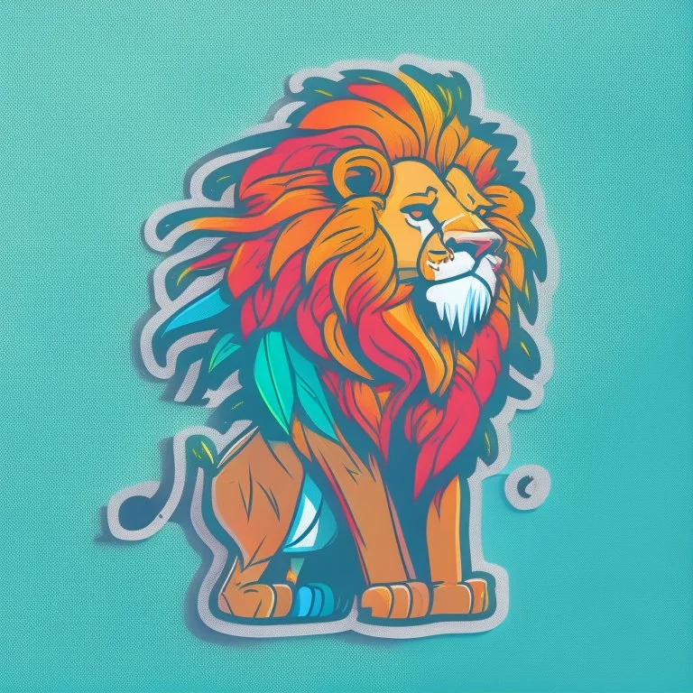 A sticker design in a minimalistic style featuring a caricature lion in vivid colors. The subject is presented alone on a neutral background.