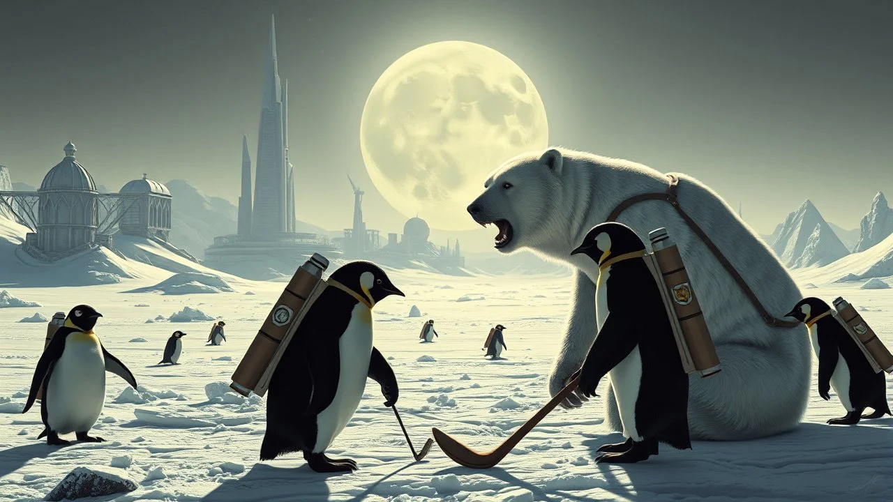 buster keaton as unstable polar growlar bear on the planet of Ceres, with some penguins with rocket backpacks playing golf with astronauts, in front of ice megapolis