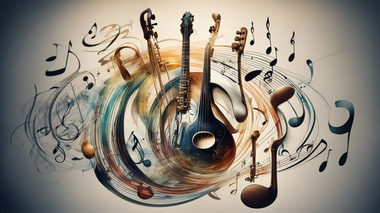 music is language, language is music, notation, treble clef symbol, musicians performing, instruments, sound waves, beautiful detailed colour photograph