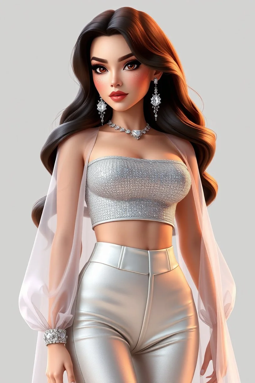 A stylized 3D render of Madison Beer portrayed as a glamorous modern pop icon with a soft yet confident aura. She has radiant, porcelain skin, long voluminous dark brown hair cascading in gentle waves, and captivating hazel eyes framed by bold lashes and shimmering makeup. Her outfit is a chic, form-fitting ensemble—a glittering silver crop top paired with high-waisted satin pants and a long translucent cape that flows behind her, catching the light. Delicate jewelry—crystal earrings, layered ne