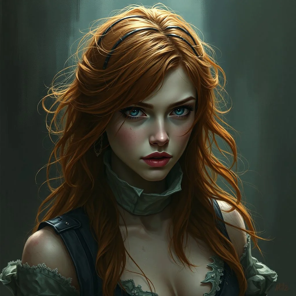 a pretty fantasy woman, loose ginger hair, young, plotting, troubled, dark fantasy art