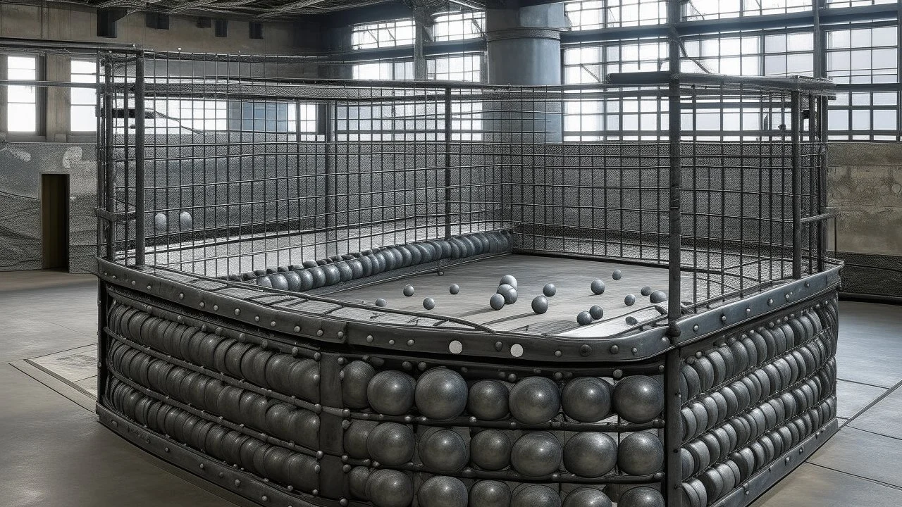 A gray fighter's arena made out of steel balls designed in Ica stones painted by Edvard Munch