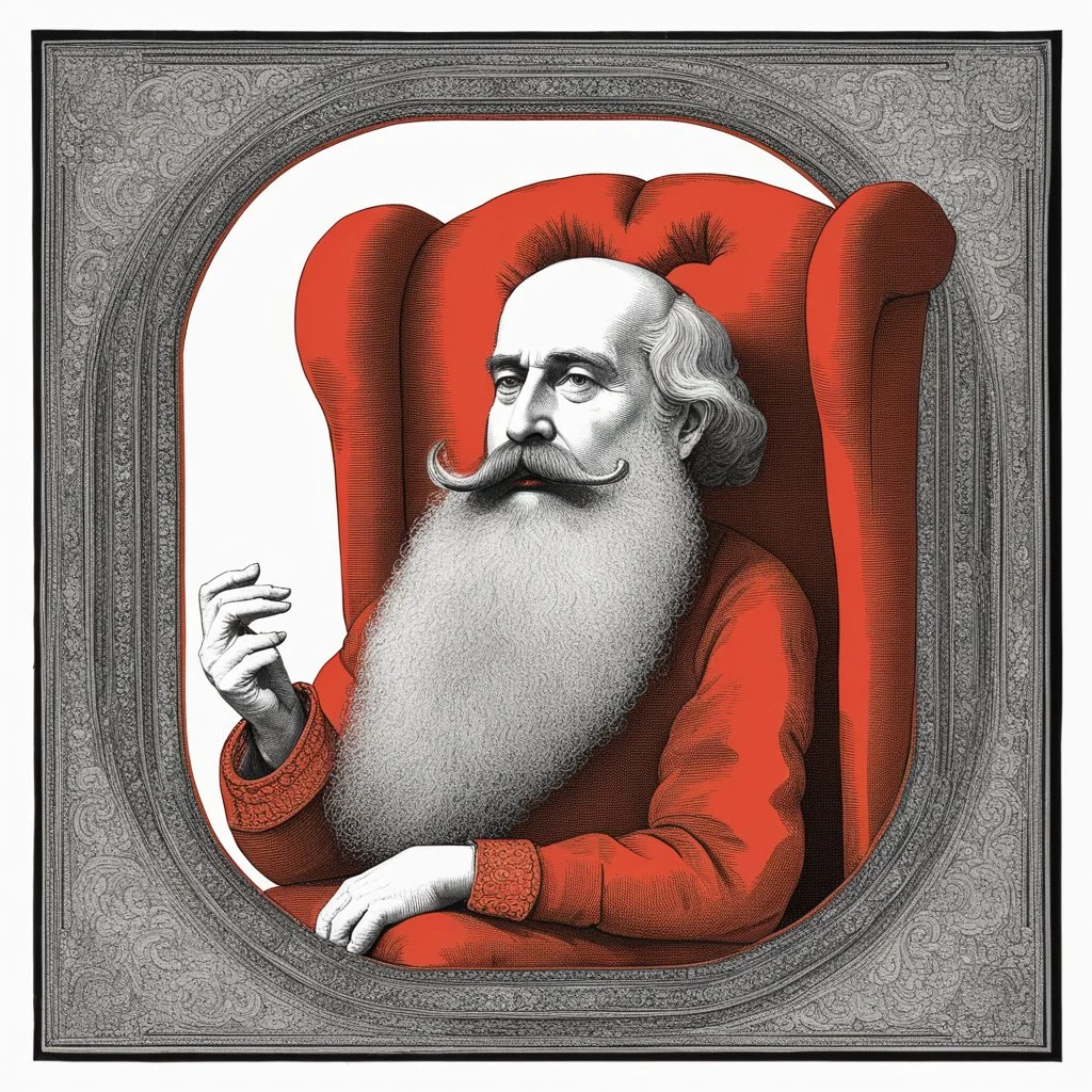 An old man with a long beard and mustache, sitting in a red cushioned, high-backed chair in deep concentration, while twirling his mustache.