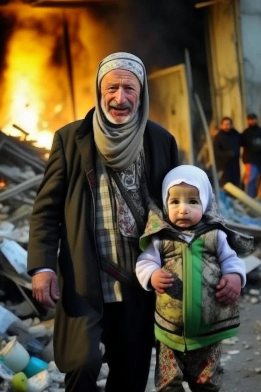 Palestinian old man wears the keffiyeh and the Palestinian dress Carrying a 7 small child ,at winter , Destroyed Buildings , with a Explosions, at night