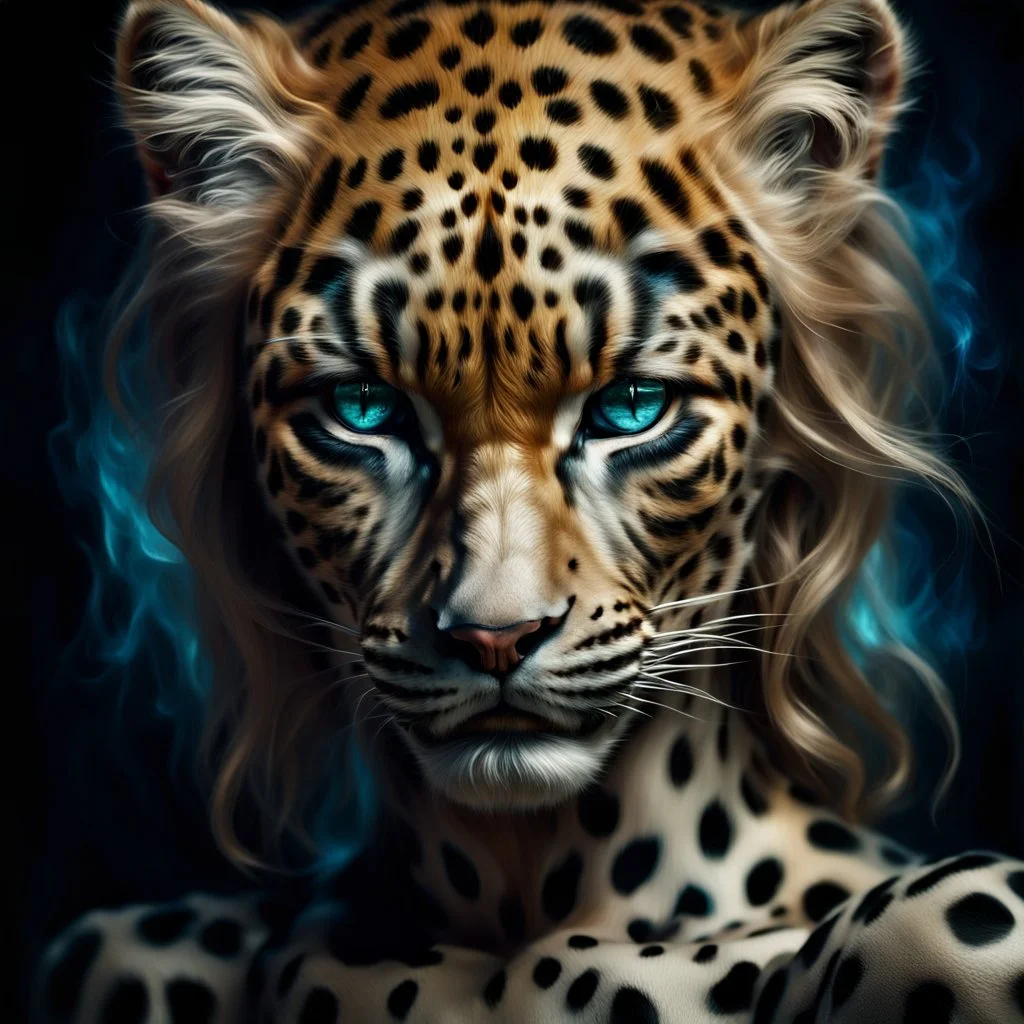 candy leopard, portrayed with the intricate facial features and extremely detailed pupils characteristic of Stefan Gesell's style, blended with the elongated forms and dramatic chiaroscuro reminiscent of El Greco, conveyed through a light painting technique with push processing, incorporating holographic elements for a dreamy, vibrant effect, soft skin texture, clarity achieved, supporting a perfect composition, cinematic atmosphere, delicate detail