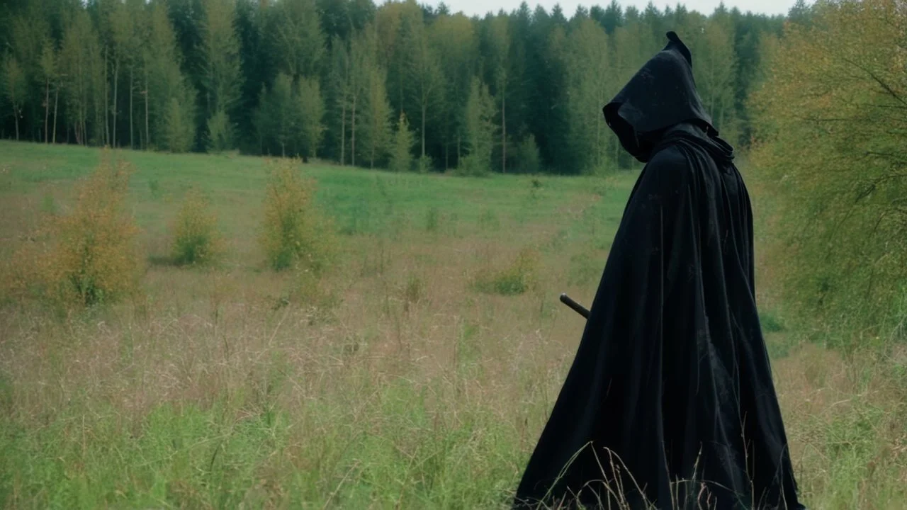 warrior in armor covered by black robe and hood in a field next to the forest