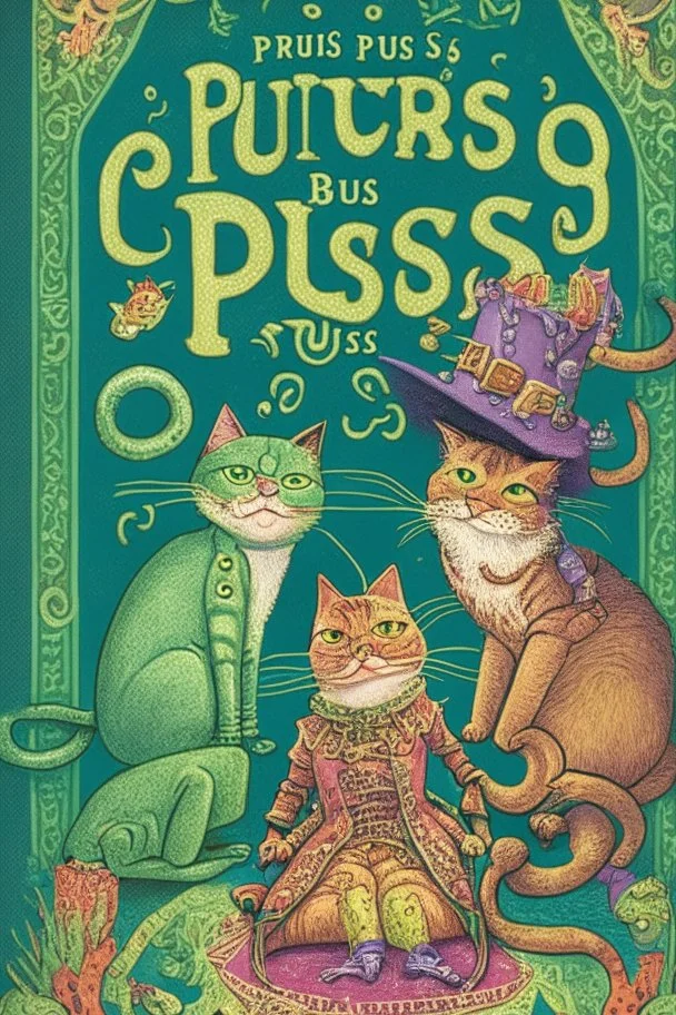 intricate book cover showing Puss in Boots, the Frog King, the Princess and the Pea, like a whimsical Terry Pratchett Discworld cover