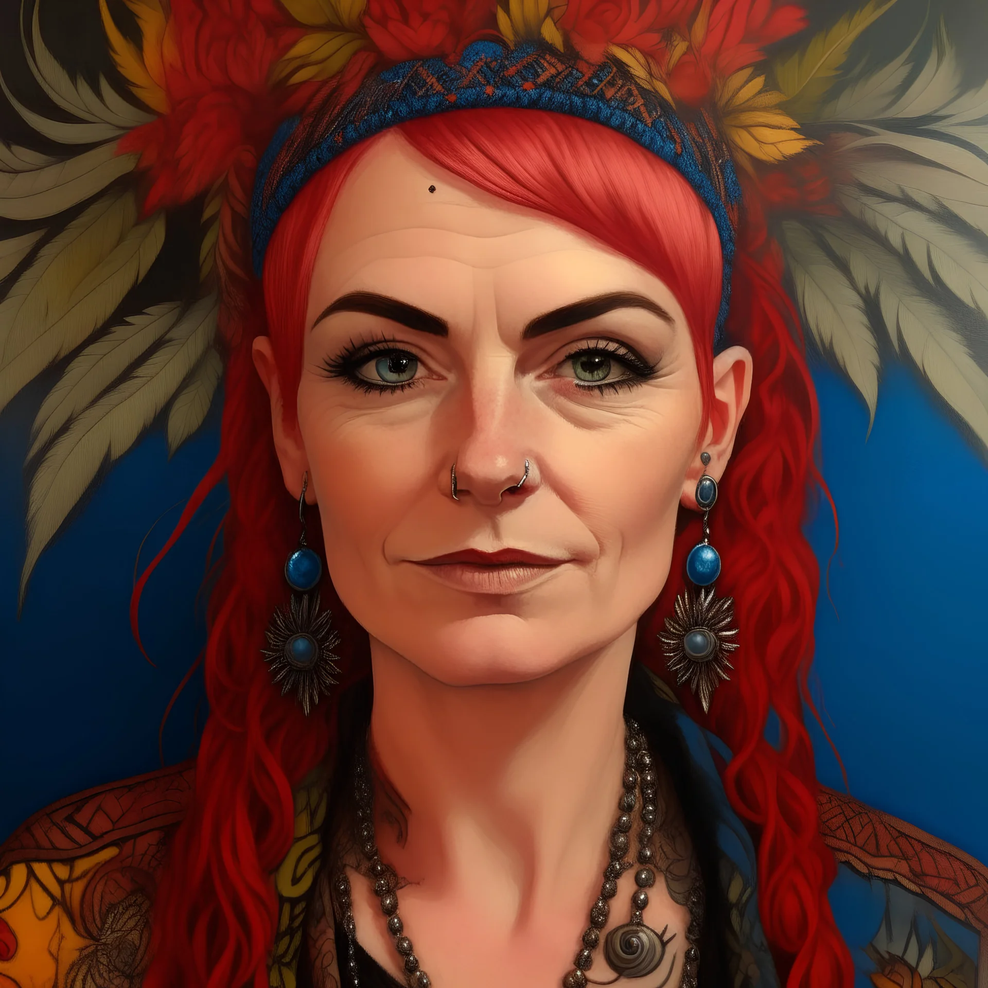 folk art portrait in rich colours and textures, gradient shading and detailed hair