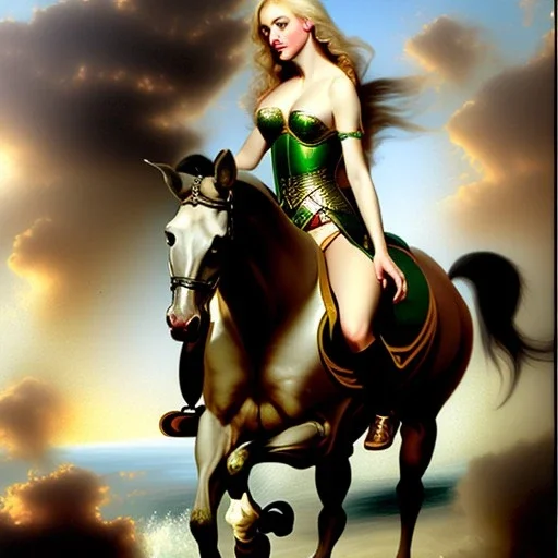 fullbody portrait of beautiful booty busty blonde with big green eyes woman riding a horse by PETER PAUL RUBENS 8k