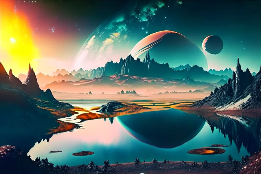 Alien landscape with exoplanet in the sky, over the valley. Pond, cinematic, movie poster