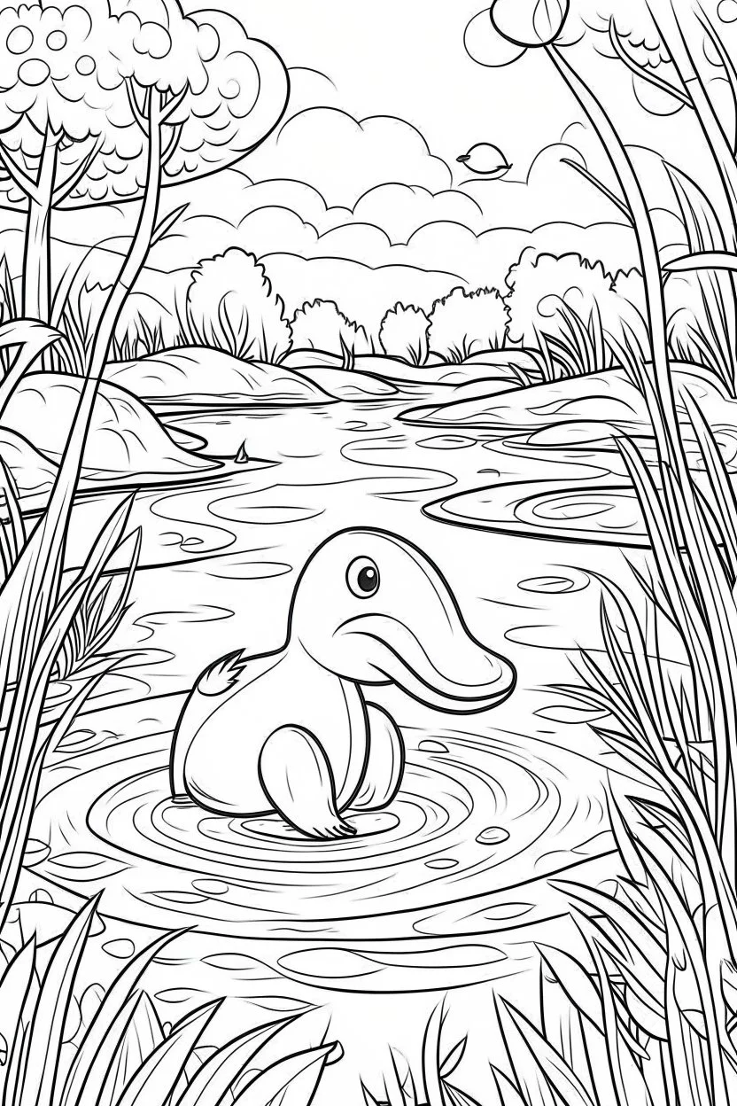 Draw a whimsical scene of a platypus exploring a riverbank, clean line art, white background, no shadows, well outlined, for kids coloring book.