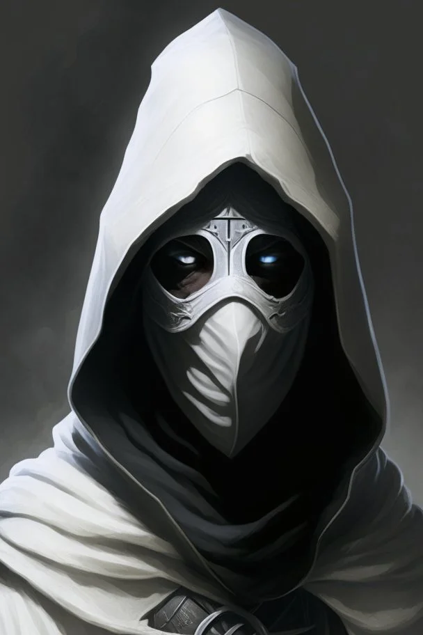 dungeons and dragons man wearing black robes and hood wearing a plain white mask with eyeholes