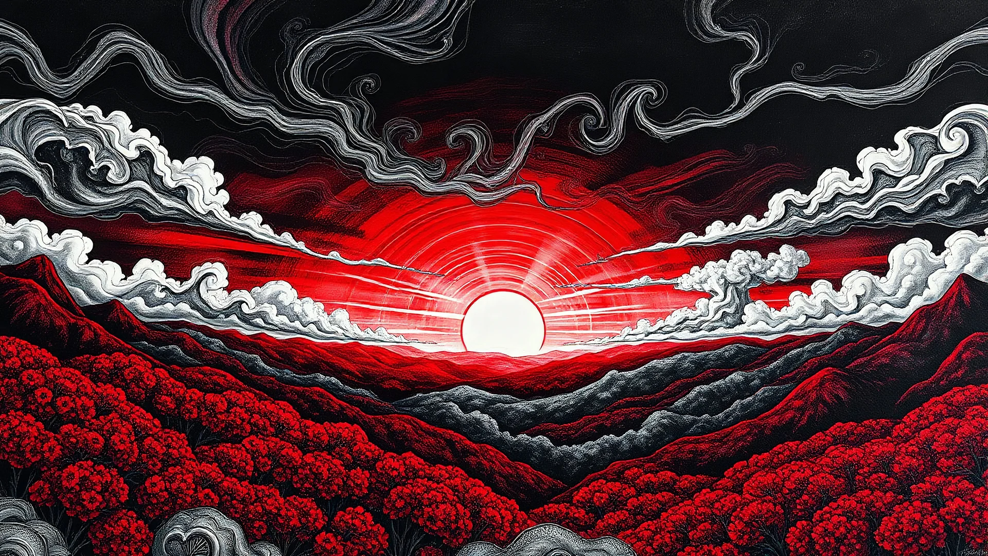 Black and white and red landscape, fantastical surrealistic, elegant, wispy clouds, beautiful high definition acrylic art, sunrise, watercolor patchwork, Daniel Merriam style, Ivan Bilibin, Ernst Haeckel, Jean-Baptiste Monge, Picasso, Caspar David Friedrich, Jacek Yerka, Richard Dennis, Joe Fenton, Andree Wallin, İsmail İnceoglu, Wassily Kandinsky, Thomas Kinkade, 3D line art, Zentangle style, artstation, extremely detailed, intricate, beautiful, award winning, fantastic view, fantasy, elaborate