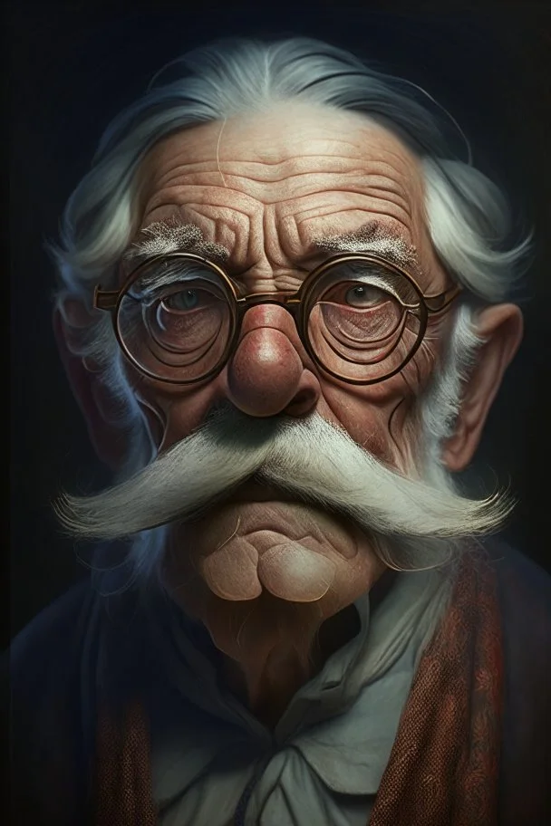 A fantasy portrait of an old man, with mustache, round glasses, Caravaggio style