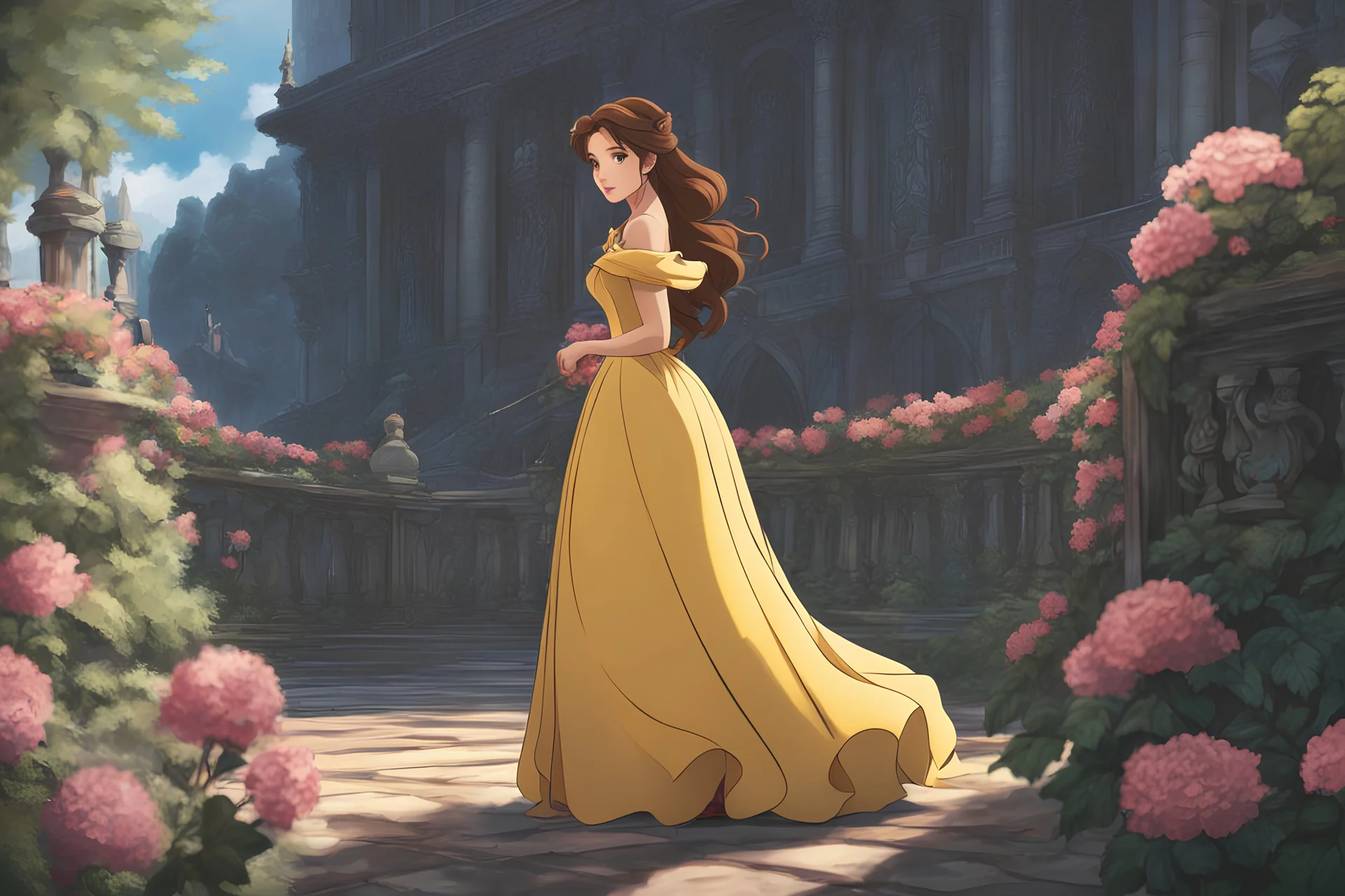 Belle from beauty and the beast in the style of berserk in 8k solo leveling shadow artstyle, machine them, close picture, rain, intricate details, highly detailed, high details, detailed portrait, masterpiece,ultra detailed, ultra quality