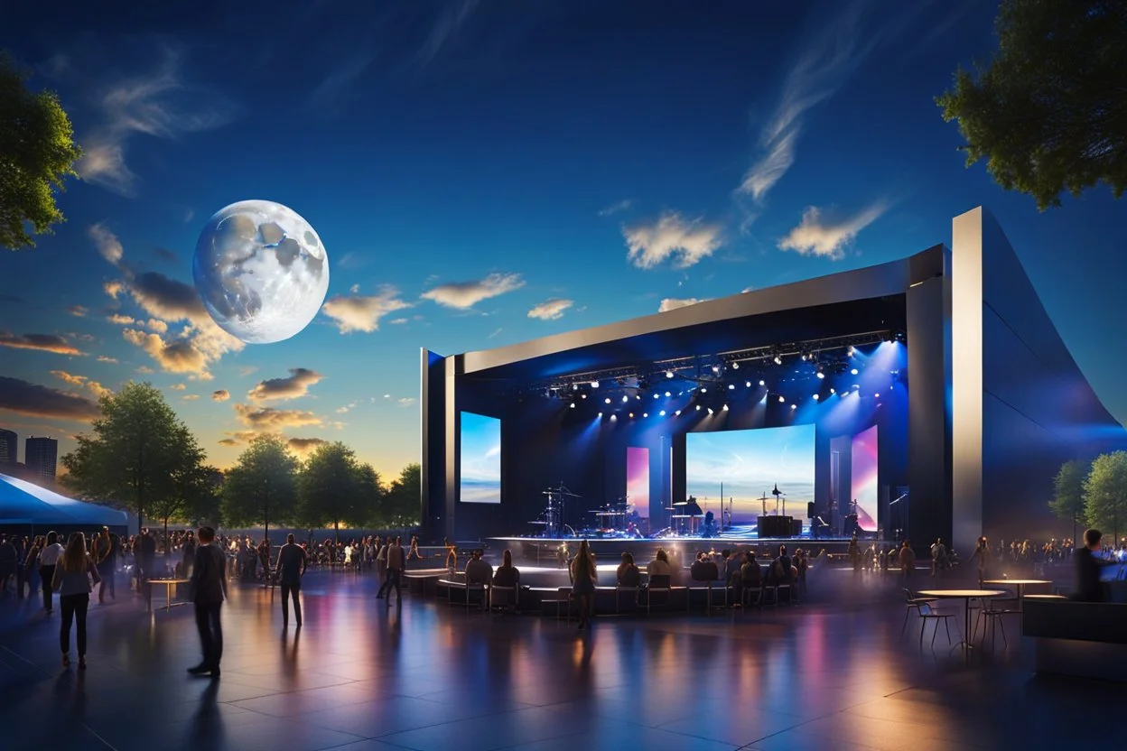 a big open disko stage in modern city center environment , at distance,blue sky pretty clouds ,night,moon light .