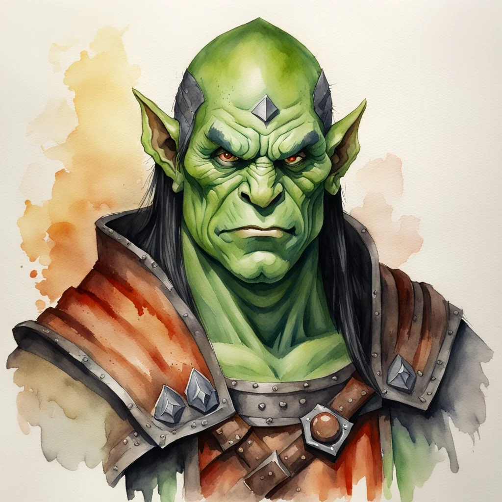 dnd, watercolour, illustration, portrait, half-orc, abbot