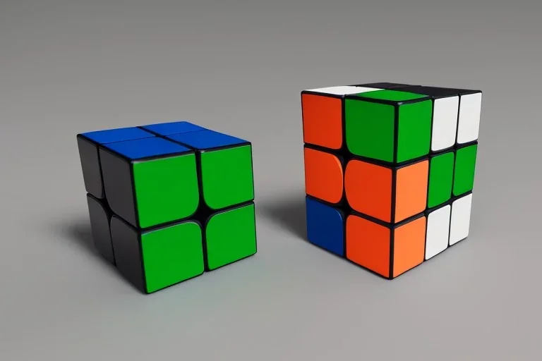 A single, tall Rubik cube vehicle, Orange, white, blue, green