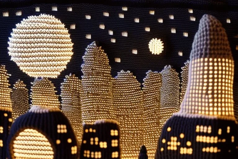 knitted city at night in moonlight