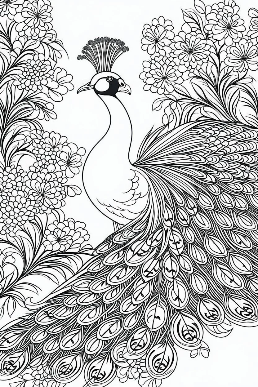 coloring book image of peacock