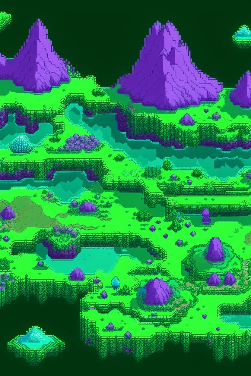 pixel art top down planet surface in 2d game, detailed level, mint green terrain, violet earth with plants and rocks