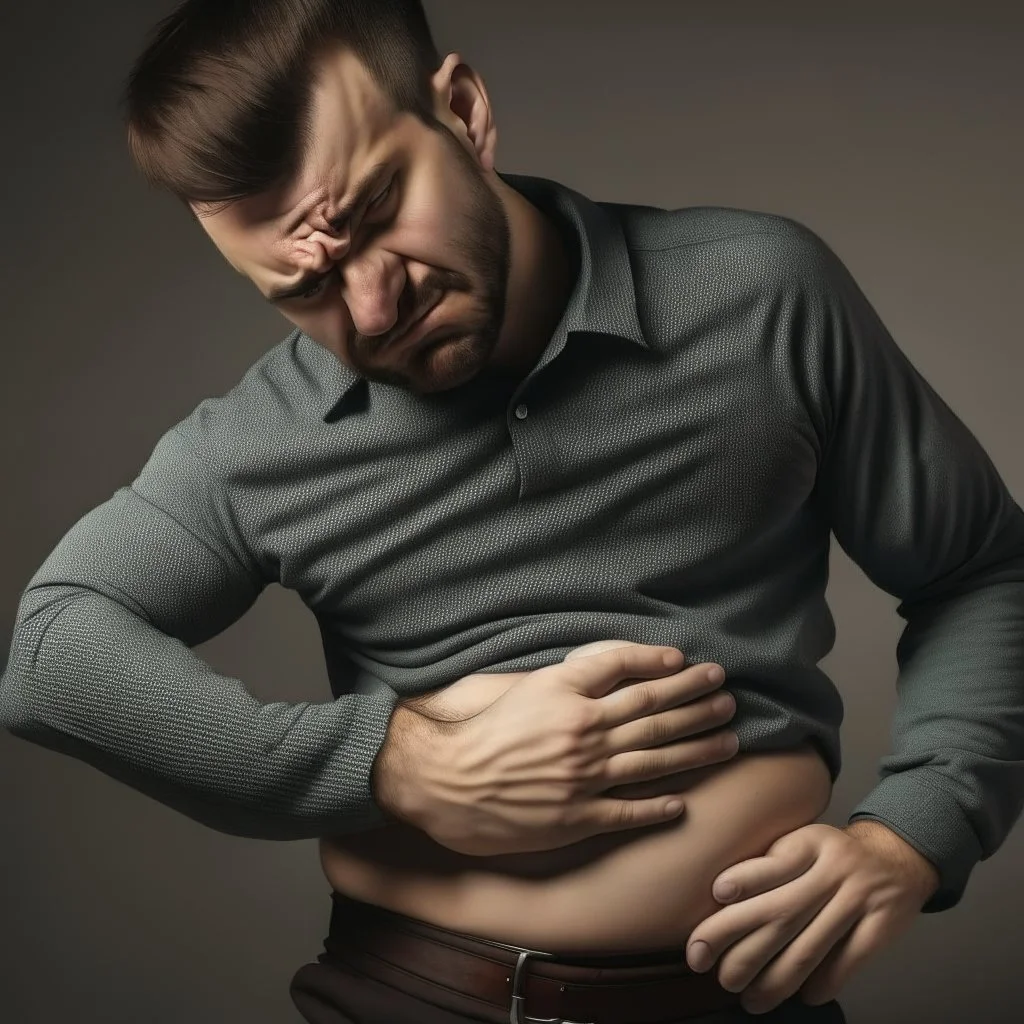 A man puts his hand on his stomach and feels angry