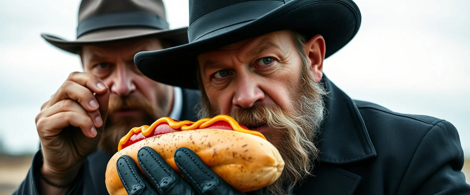 mean looking amish macho mafia thug with hot dog