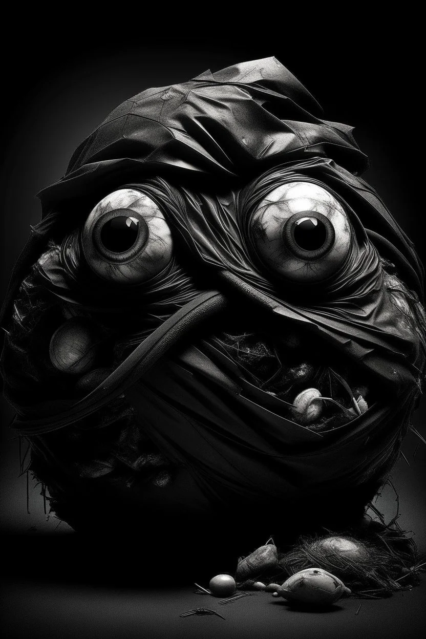 Garbage bag with an eye and wings, trashcore. From 8,000,000,000 people, 12.5% of humans have a mental disorder. They use horror, demons, skulls, scary ,grotesque and occultism as a way to prove their lack of self-esteem and security. Generating disturbing images is their way to escape from a miserable existence. Best quality possible, HD, 8K.