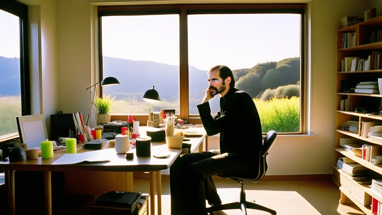 الصورة تعرض ستيف جوبز وهو جالس في مكتبه الخاص، وراءه نافذة تطل على مناظر طبيعية هادئة. يظهر جوبز وهو يرتدي ثوبًا بسيطًا ويتلقى مكالمة هاتفية بينما يعمل على جهاز كمبيوتر محمول. يتسم وجهه بتعابير التفكير العميق والابتسامة الخفيفة، مما يشير إلى تركيزه الشديد وتفكيره الابتكاري. على مكتبه، يمكن رؤية مجموعة من المخططات والنماذج المصغرة لأجهزة تكنولوجية، مما يظهر اهتمامه بالتفاصيل والتصميم المميز. كما يمكن أن نلاحظ تواجد كتب وأدوات كتابة، مما يشير إلى تطلعه المستمر للمعرفة والابتكار. الإضاءة في الصور
