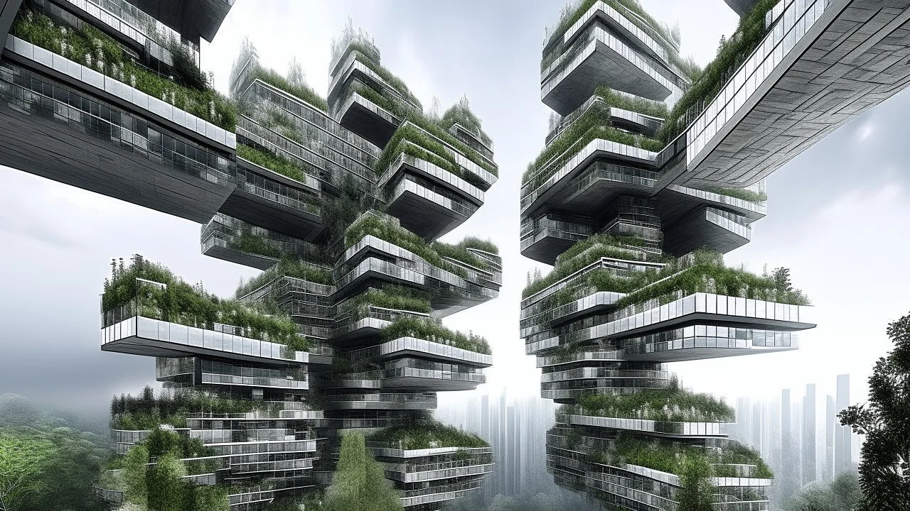 Megaestructura residencial compuesta por cientos de módulos repetidos apilados irregularmente como un panal urbano fracturado, perforaciones monumentales atravesando el volumen principal, puentes y pasarelas visibles conectando sectores suspendidos, combinación de hormigón rugoso, acero negro y cerámicas esmaltadas, ritmo visual insistente de ventanas pequeñas y balcones desplazados, vegetación integrada como injertos salvajes, niebla densa y luz fría entrando por grietas arquitectónicas, estéti