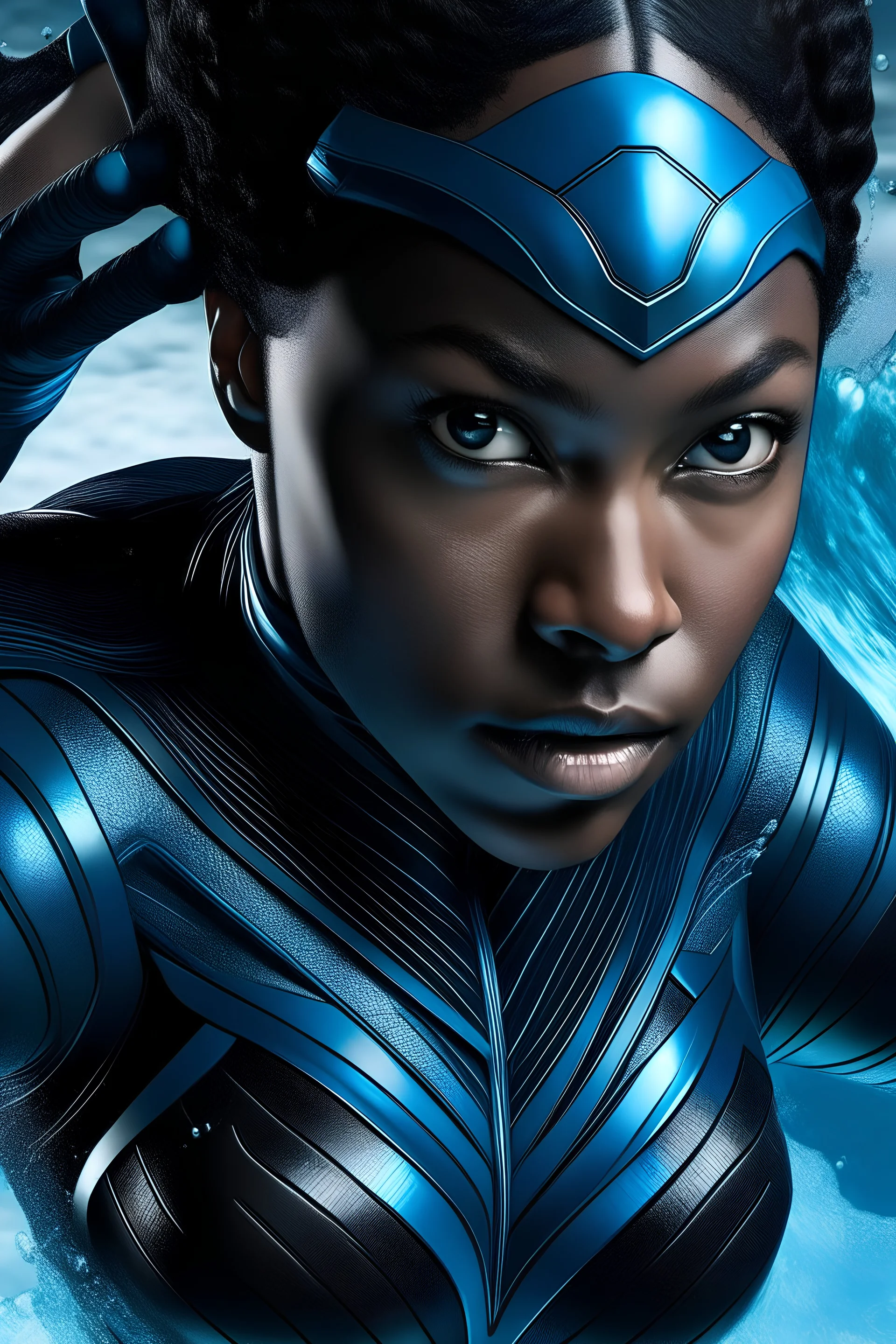 A black female superhero with water powers close up