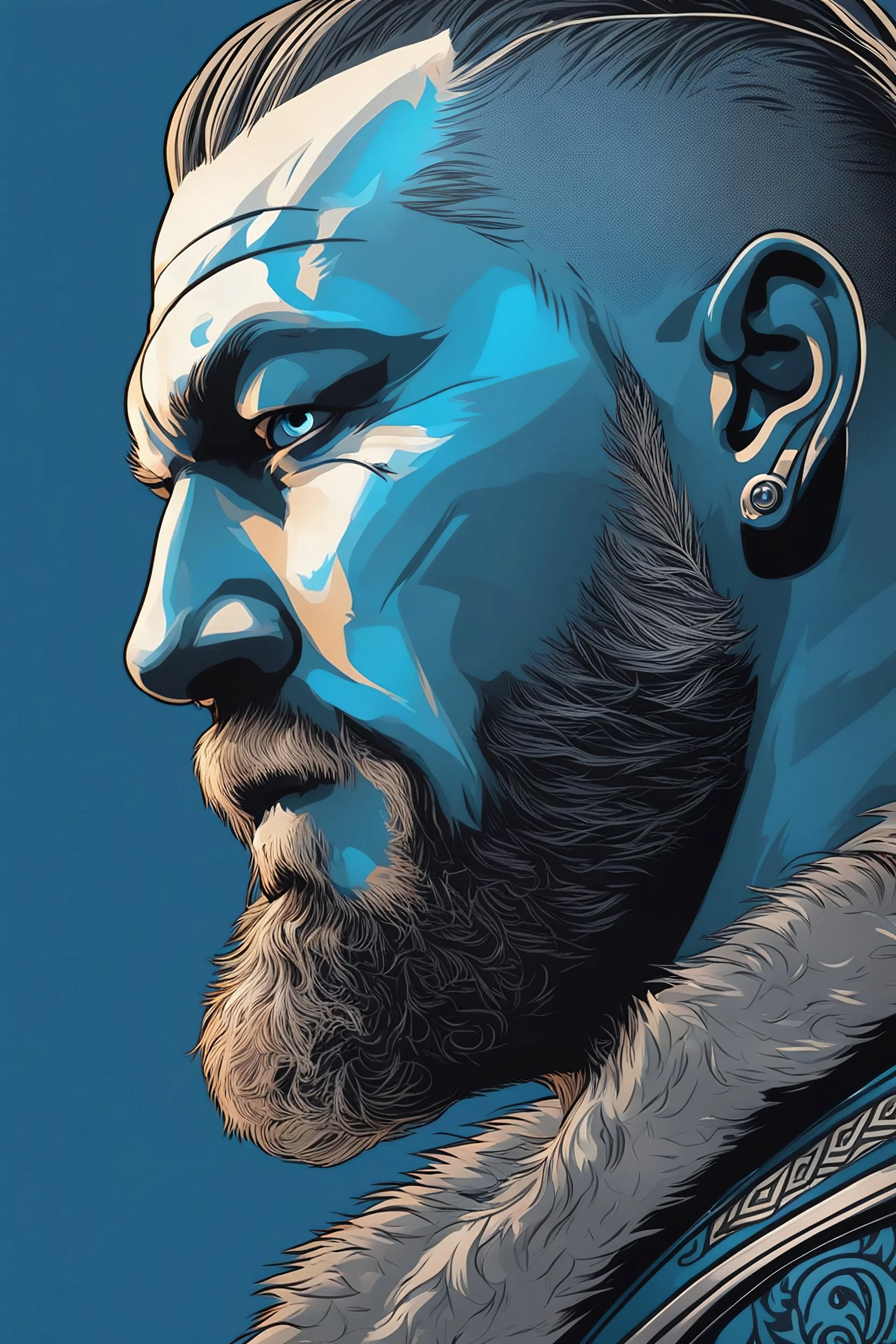 Ragnar Lothbrok in 8k cartoon artstyle, blue eyes, Bald, beard, tattoos, winter, close picture, highly detailed, high details, detailed portrait, masterpiece,ultra detailed, ultra quality