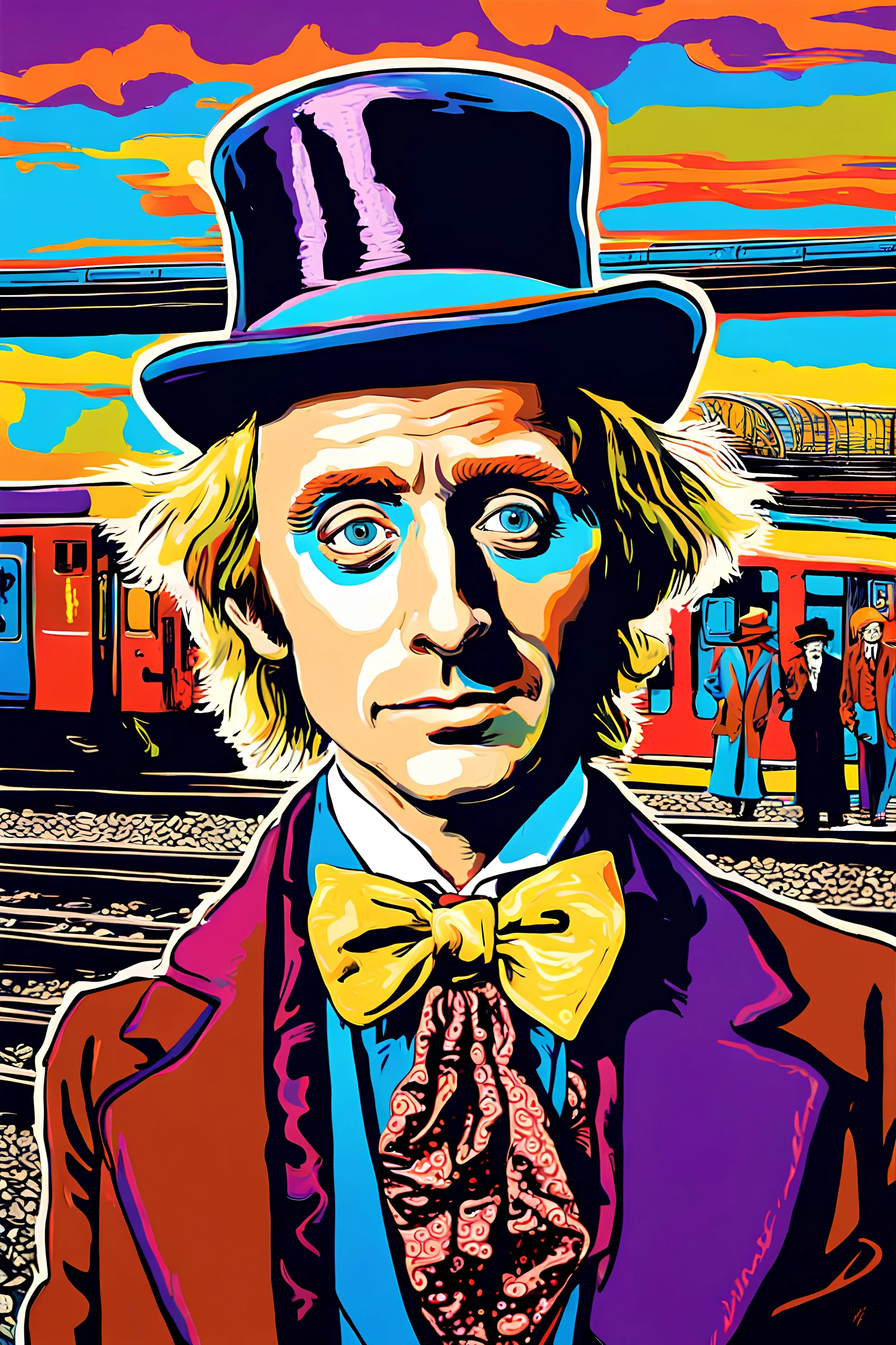 painting of a psychedelic portrait of willy wonka waiting for a train at the train station by van gogh and andy warhol infusion.