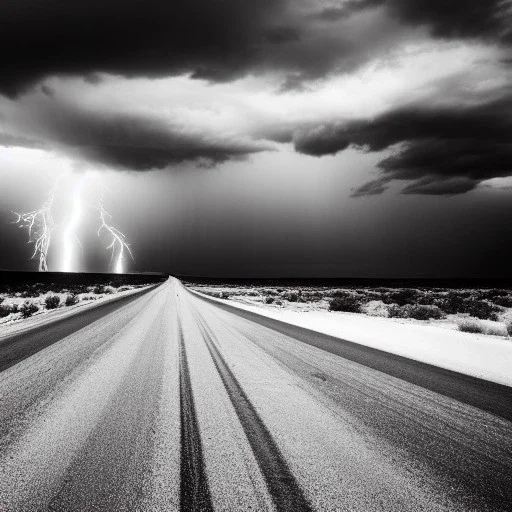 desert, storming, lightning, rain, dunes, black and white, road, landscape