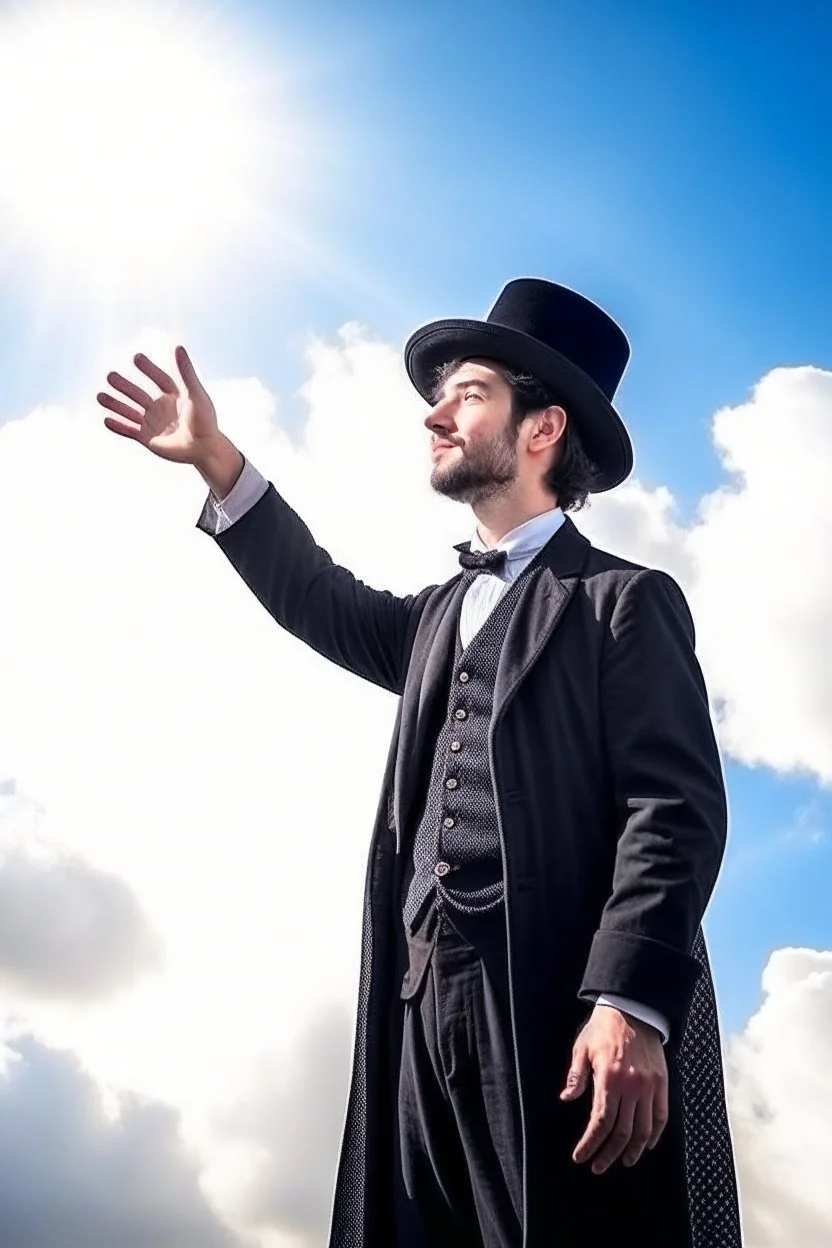 man magician looking at the sky changing the weather sunny day